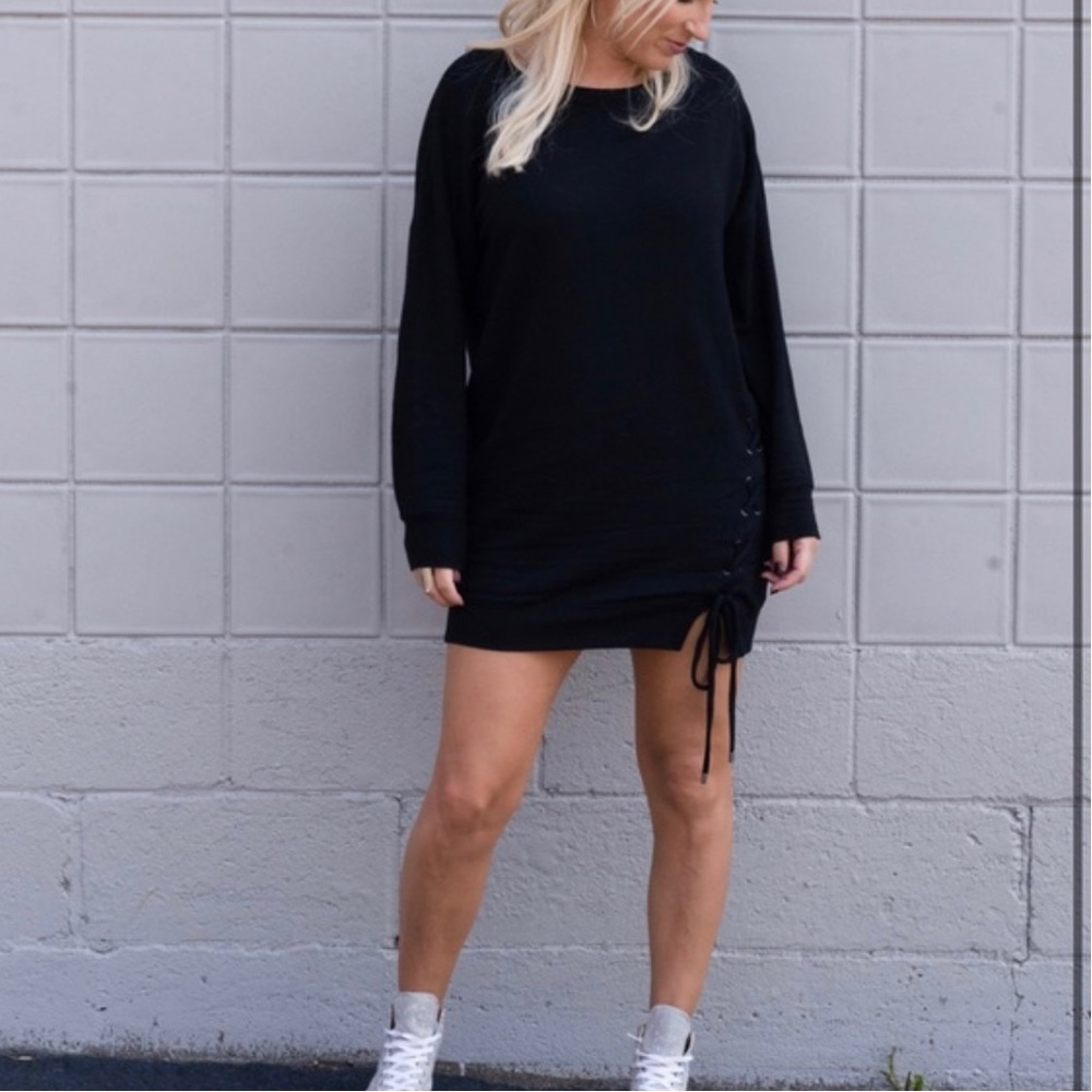 Express One Eleven Black Ruched Drawstring Side Sweater Dress
